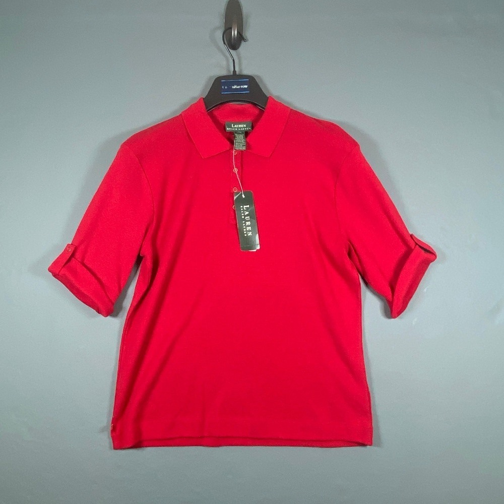 NWT Lauren Ralph Lauren Polo Shirt Womens XL Red Cotton Linen Roll Tab Sleeve
